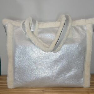 Silver Tote With Cream Faux Fur Trim